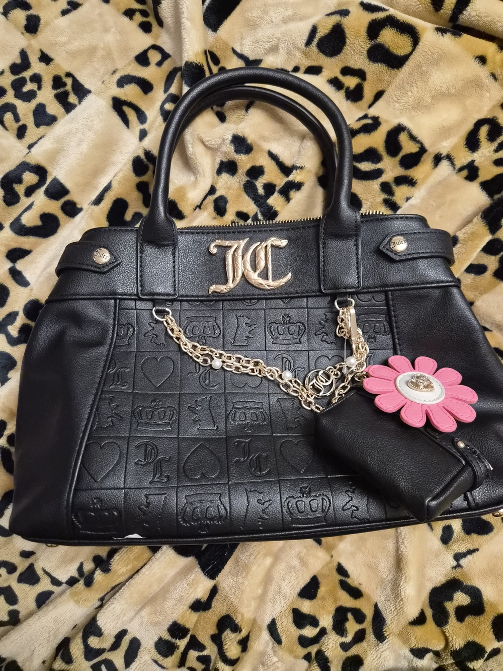 Juicy Couture Black Satchel with Gold Chain and Pink Flower Charm